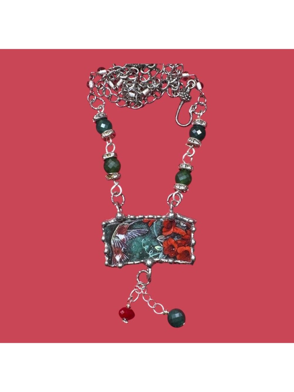 Lena Liu Hummingbird Broken China Pendant  Bezel Red & Green Quartz Necklace - Picture 9 of 14